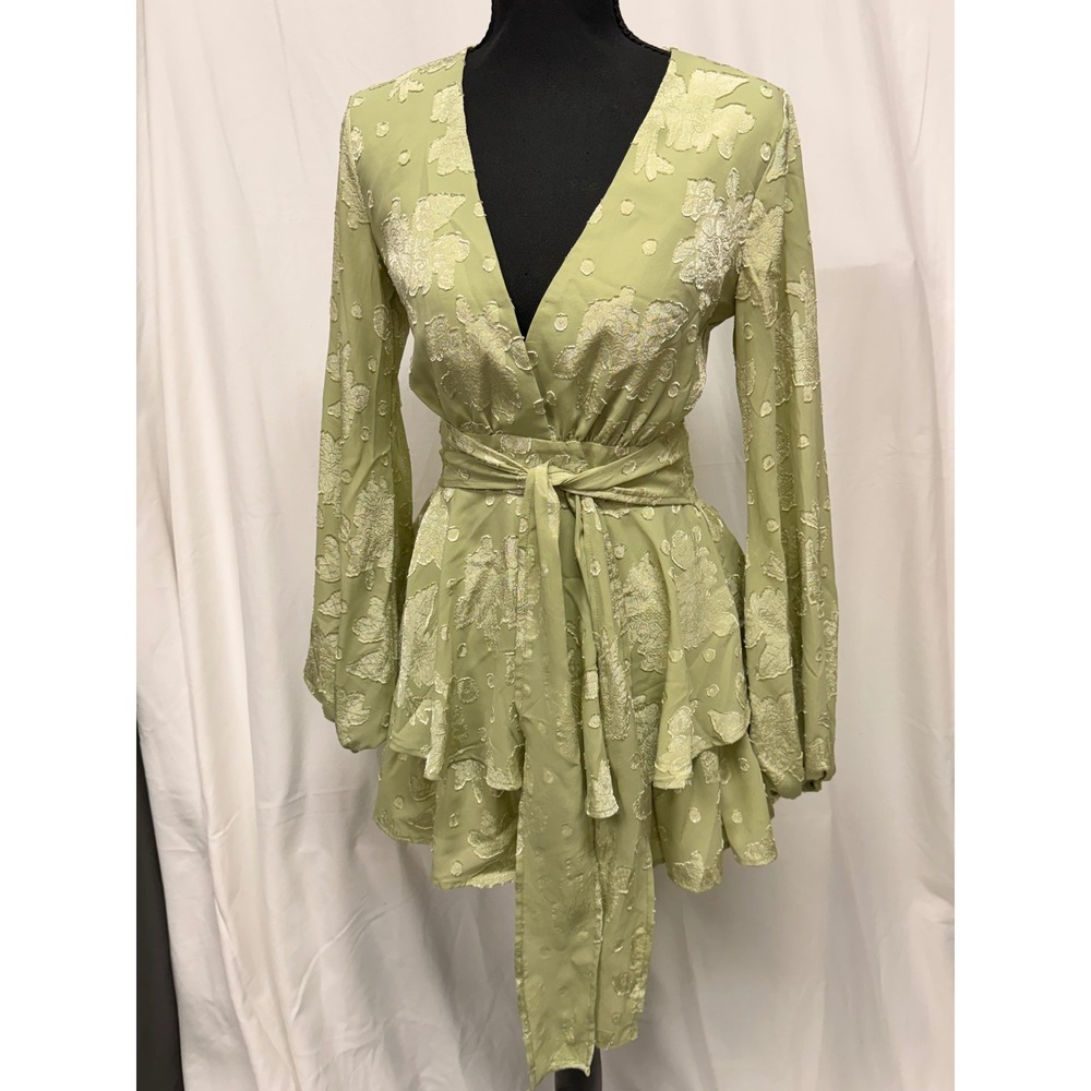 Saints + Secrets Sage Green Floral Burnout Ruffle Romper Long Sleeve XS